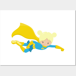 Superhero Girl, Blonde Hair, Hero, Yellow Cape Posters and Art